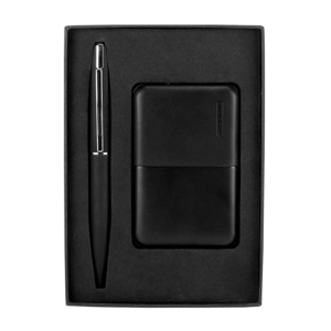 SET 011, SET CHOMUTOV. Set de accesorios para celular que incluye batería auxiliar de 5,000 mAh, bolígrafo de tinta negra con USB de 4 GB y caja de regalo.